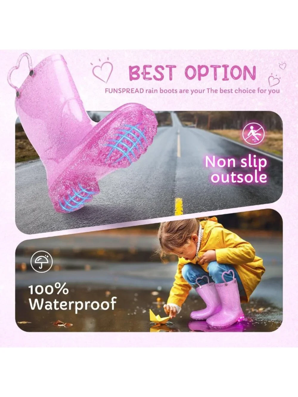 Glitter Light-Up Toddler Rain Boots - Waterproof, Easy-On Handles, Kids Shoes